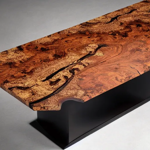 Prompt: rectangular cherry burl wood black epoxy river down the center of the table, modern style, magazine photograph, realistic