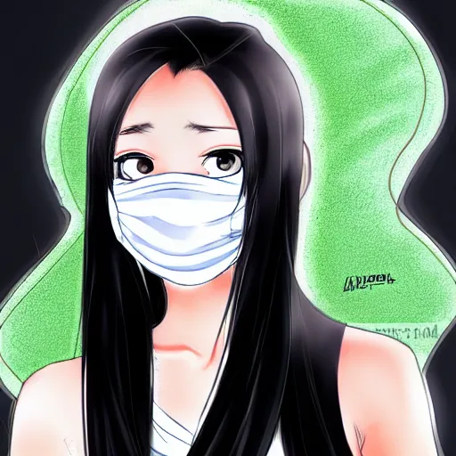 Image similar to full headshot portrait of a girl with long black hair, wearing a surgical mask, drawn by ATDAN, by Avetetsuya Studios, attractive character, colored sketch anime manga panel, trending on Pixiv