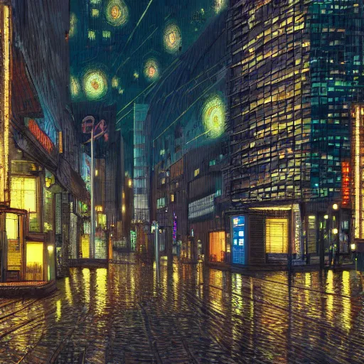 Image similar to cyberpunk city designed by Van Gogh,photorealistic,artstation,highly details