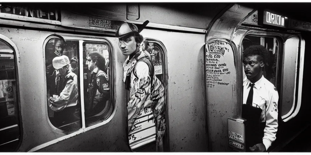 Image similar to new york subway cabin 1 9 8 0 s inside all in graffiti, policeman closeup, coloured film photography, christopher morris photography, bruce davidson photography