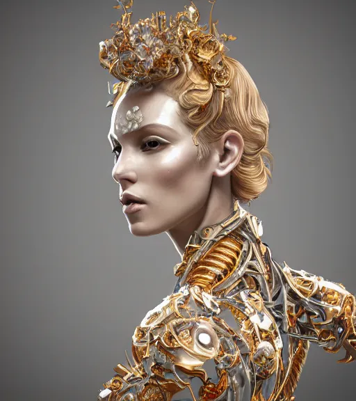 Prompt: beauteous queen, practical sumptuous white pearlescent biomechanical with gold, copper, bronze, iridescent titanium, cinematic forest lighting, lifelike ossified incredible hair, crystalline masterpiece incrustations, hyperdetailed face, elegant pose, specular highlights, intricate, octane render, unreal engine,