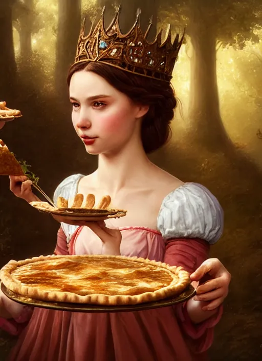 Prompt: highly detailed closeup portrait of a fairytale medieval princess eating meat pies, unreal engine, greg rutkowski, nicoletta ceccoli, mark ryden, earl norem, lostfish, global illumination, god rays, detailed and intricate environment