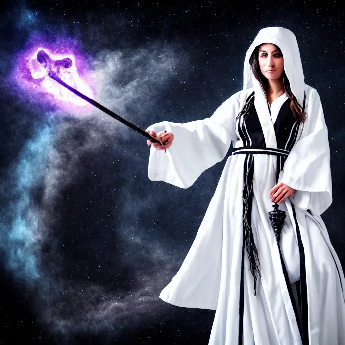 Prompt: professional photograph of a real - life beautiful elemental space witch with ornate white and black robes and staff. extremely detailed. 8 k