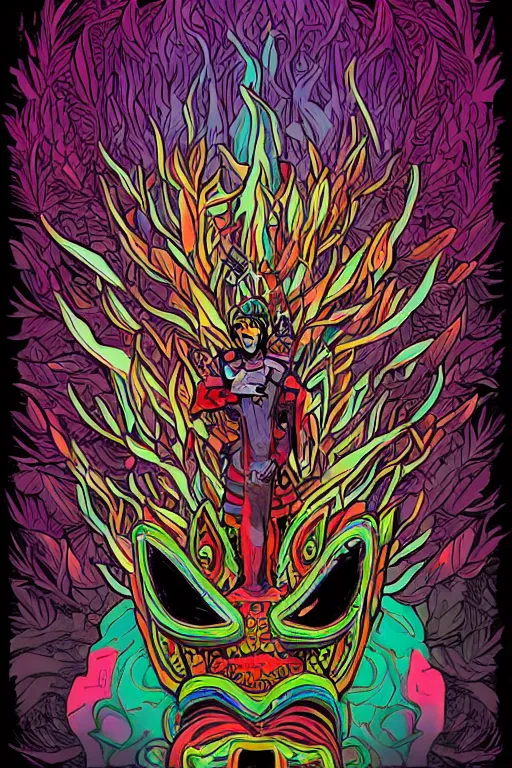 Image similar to animal mask totem roots flower tribal feather gemstone plant wood rock shaman vodoo video game vector cutout illustration vivid multicolor borderlands comics by josan gonzales and dan mumford radiating a glowing aura