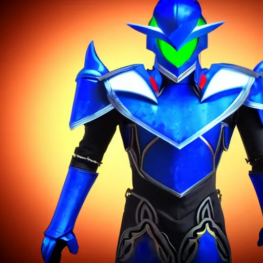 Prompt: High Fantasy Kamen Rider, blue armor with red secondary color, 4k, glowing eyes, daytime, dark grey rubber undersuit, dragon inspired armor