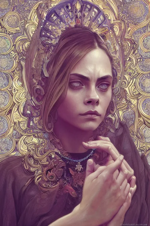 Image similar to ultra realistic illustration, a stunningly beautiful cara delevigne praying, intricate, elegant, highly detailed, digital painting, artstation, concept art, smooth, sharp focus, illustration, art by artgerm and greg rutkowski and alphonse mucha