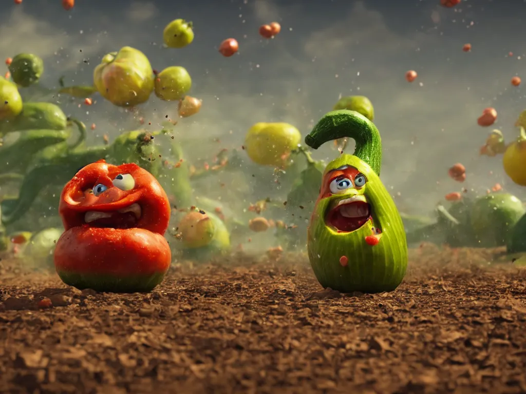 Image similar to detailed 3 d render of a raging zucchini character with peeler tool running on dirt road, scared tomates scattered everywhere, high speed action, explosions, dramatic scene, hyper realistic octane render, cinematic lighting, splatter, deviantart, black sky, lowbrow, frame from pixar movie