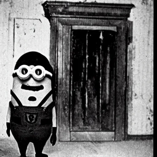 Image similar to A high quality black and white photo of the world's most infamous, serial killer, a minion named Minion the Ripper, shortly after claiming his last victim circa 1892.