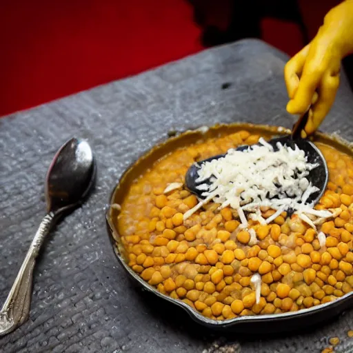 Prompt: minion eating a dish of hot lentils with grated cheese on top, in a poorly ventilated party flash photography