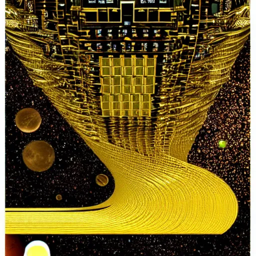 Prompt: an infinite gold keyboard inside a massive black hole in the style of Tim white