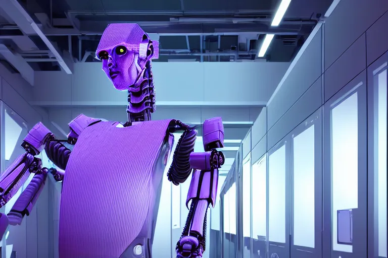 Image similar to hyperrealistic medium shot robot! in data center server building highly detailed concept art eric zener elson peter cinematic hard purple lighting high angle hd 8 k sharp shallow depth of field, inspired by david paul cronenberg and zdzisław beksinski