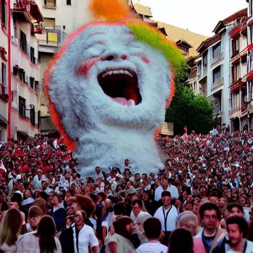 Image similar to the running of the gigantic screaming bob ross in pamplona spain