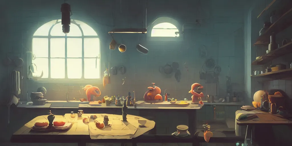 Image similar to cute solitary kitchen dim lit by a candle ripped physique simon stalenhag gerald brom bastien grivet by greg rutkowski, game background fisheye lens, low angle, day of the tentacle, 3 point perspective