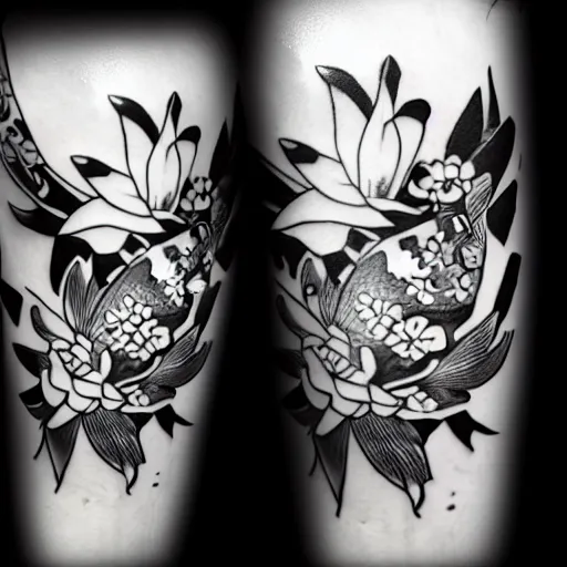 Image similar to black and white tattoo of koi fish with camelia flowers, on white background, japanese traditional style, stylized,