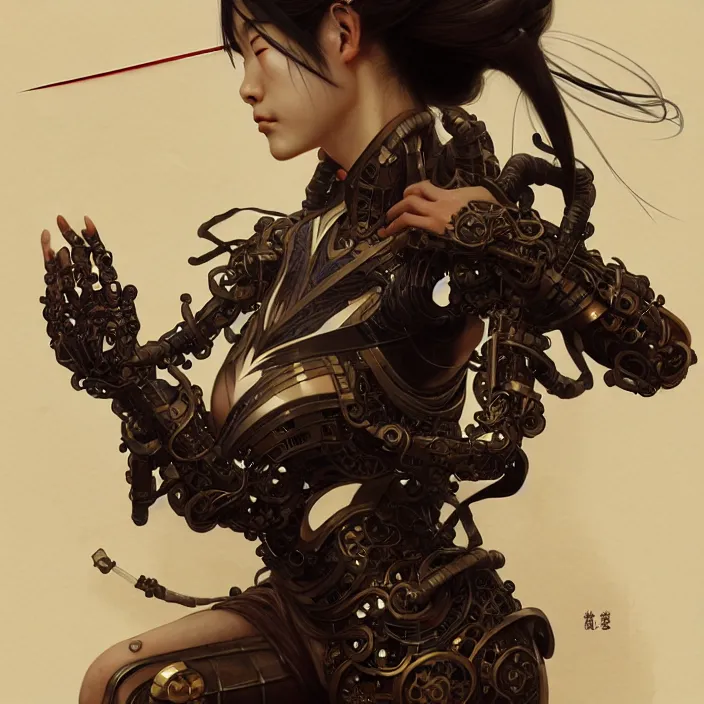 Prompt: japanese cyborg, Japanese samurai, diffuse lighting, fantasy, intricate, elegant, highly detailed, lifelike, photorealistic, digital painting, artstation, illustration, concept art, smooth, sharp focus, art by John Collier and Albert Aublet and Krenz Cushart and Artem Demura and Alphonse Mucha