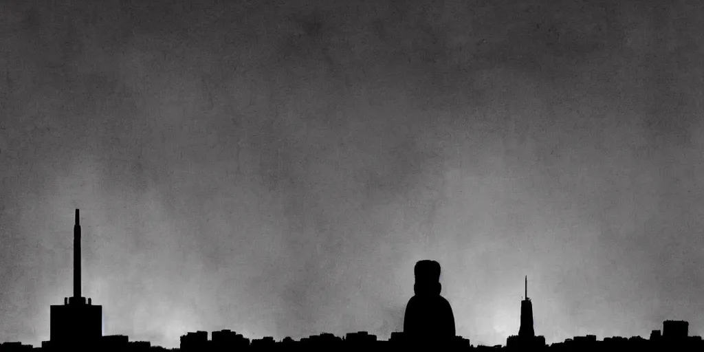 Prompt: kim jong - il silhouette, pyongyang, fog, in the style of ghost in the shell by mamoru oshii