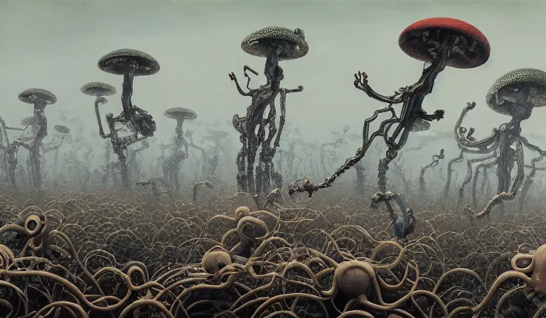 Prompt: still frame from Prometheus by Yves Tanguy and utagawa kuniyoshi, Vast hell plains with resurrecting ornate mycelium cyborgs in style of Jakub rozalski and Simon Stalenhag with character designs by Neri Oxman, metal couture haute couture editorial