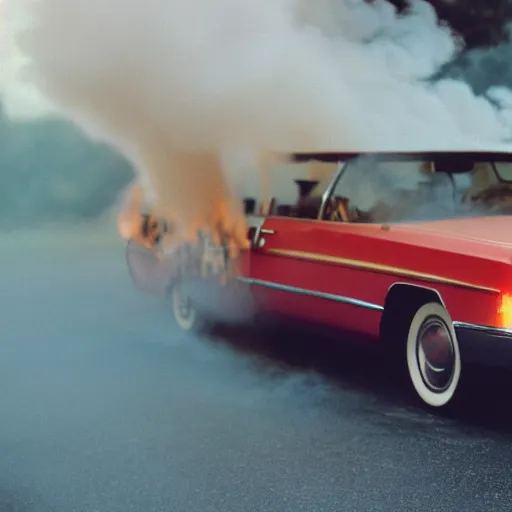 Prompt: analog photograph of a ford Cadillac on fire, big smoke clouds visible, embers, film grain, depth of field, bokeh