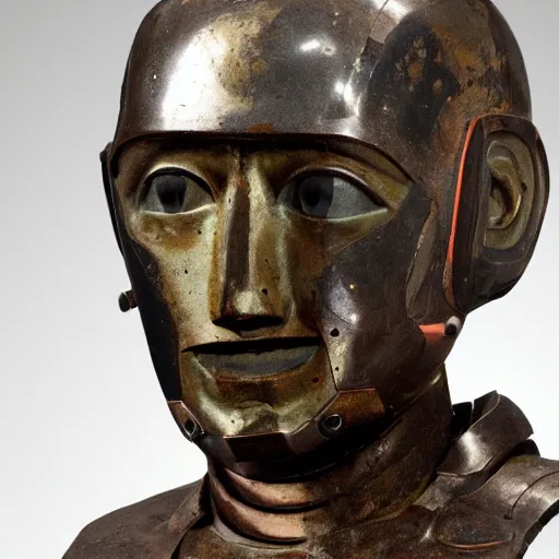 Image similar to an extremely ancient ironman bust that is tarnished and covered in sediment from uncovered earth expedition, rare photograph, smithsonian,