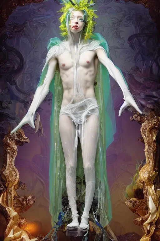Image similar to full-body photo rococo and cyberpunk delicate neon crystalline sculpture of ((muscular slender albino Italian Prince)) (((con la piroca dura))) as a dark iridescent humanoid deity wearing a thin see-through ((plastic hooded cloak)) sim roupa (holding a human skull), reclining con (((las piernas abiertas))), glowing pink face, crown of (white lasers), large diamonds, swirling black silk fabric. futuristic elements. oozing glowing liquid, full-length view. space robots. intricate artwork by caravaggio. Trending on artstation, octane render, cinematic lighting from the right, hyper realism, photo realistic, octane render, 8k, depth of field, 3D