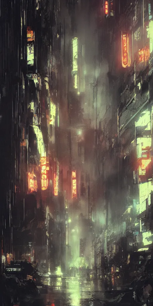 Image similar to a blade runner dungeon located in a city painted by ashley wood and phil hale, masterpiece, award - winning, sharp focus, intricate concept art, ambient lighting, 8 k, artstation, pixiv