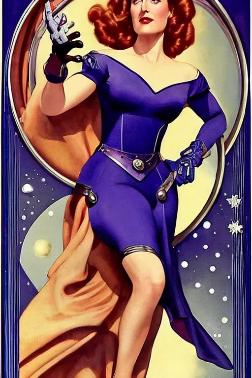 Prompt: Gillian Anderson as the princess Wilma Deering , buck rogers , a beautiful art nouveau portrait by Gil Elvgren, beautiful sci-fi city environment, front centred symmetrical composition, defined features, silver jewellery, stars in her gazing eyes