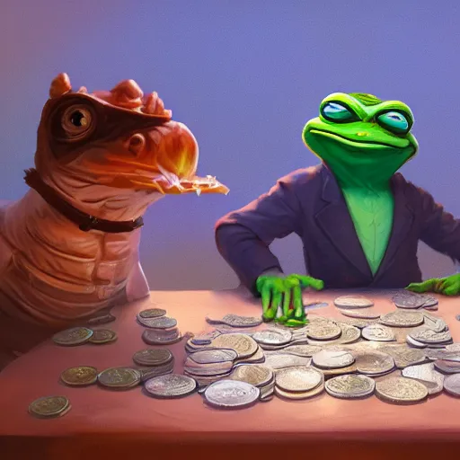 Image similar to super rich happy pepe, luxury, treasury, coins, money, hyper detalied, blue crystals, greg rutkowski, artstation