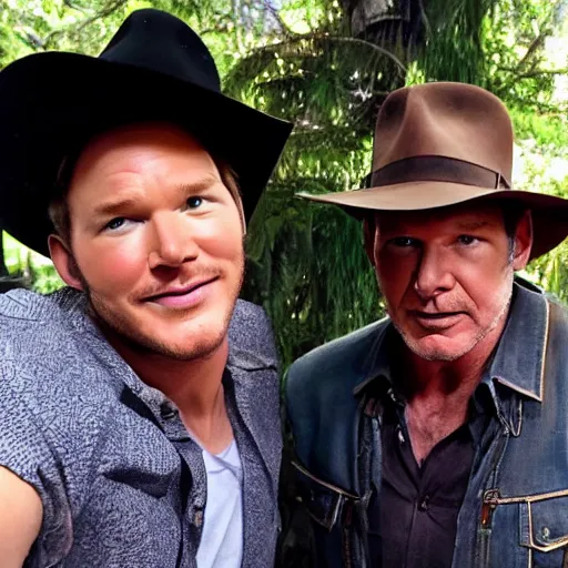 Image similar to chris pratt as indiana jones taking a selfie with harrison ford, instagram, cinematic, natural lighting, genuine smile