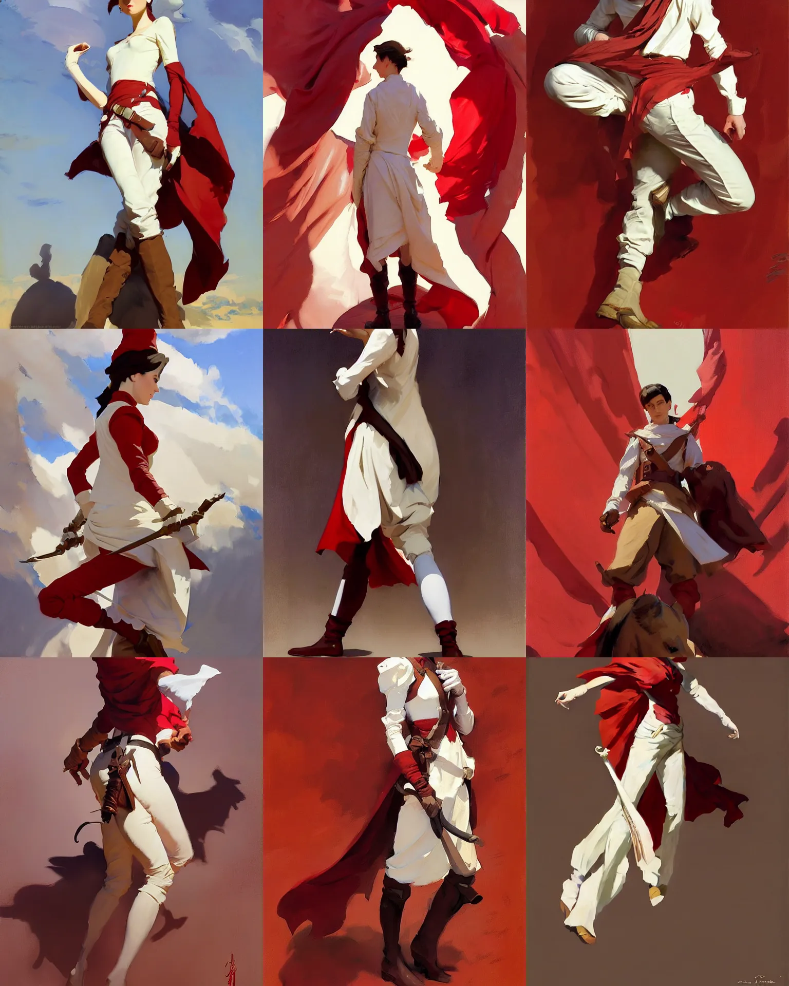 Prompt: white brown red cloth fabric jodhpurs greg manchess painting by sargent and leyendecker, studio ghibli, fantasy, medium shot, asymmetrical, intricate, elegant, matte painting, illustration, hearthstone, by greg rutkowski, by greg tocchini, by james gilleard, by joe fenton