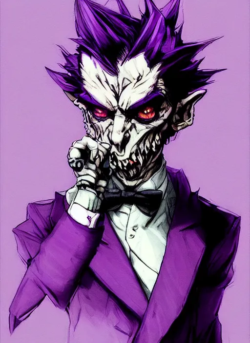 Prompt: portrait of an arrogant goblin in purple checkered tuxedo. in style of yoji shinkawa and hyung - tae kim, trending on artstation, dark fantasy, great composition, concept art, highly detailed, dynamic pose, vibrant colours.