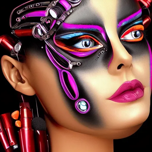 Prompt: A highly stylized digital HD painting of the face of a fembot with makeup, intricate makeup patterns on face