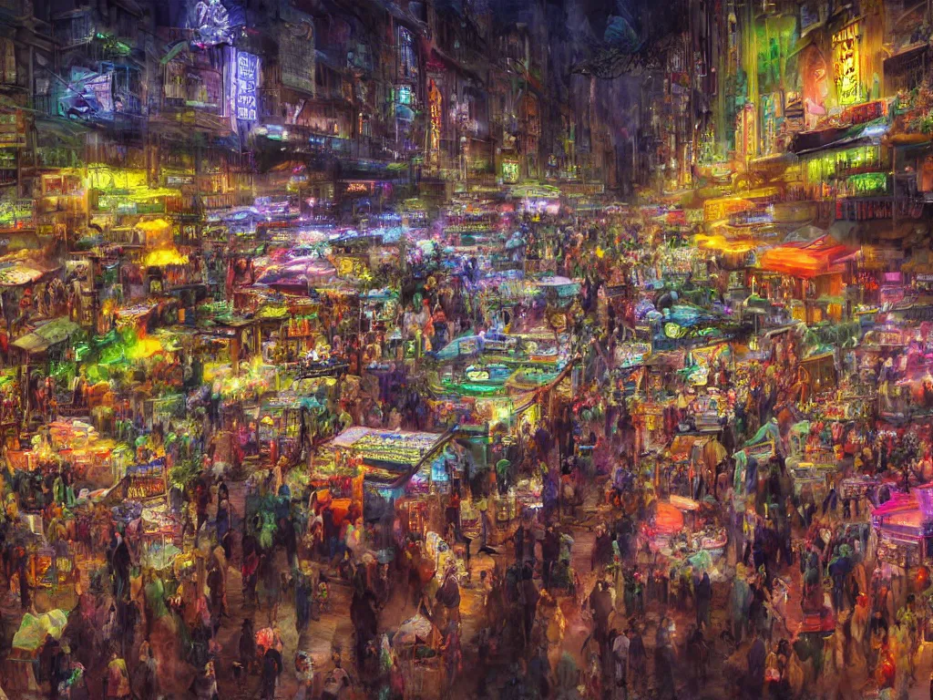 Prompt: hyperrealistic matte painting, a solemn night, defied by spirit, pulse, and flow, the vibrant echoes of the market, drifters, traders, collectors, and travelers, within radiate connection, forming an oasis of vivid lights within the shallow city, dark, vibrant people, vivid color, crowded people, huts, stores, close up, artistic style, eye level shot, by John Salminen and Carl Gustaf Hellqvist