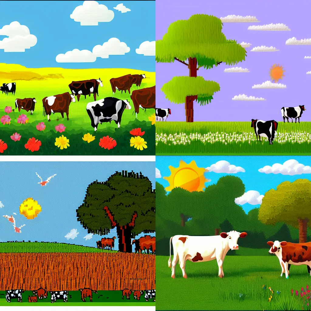 Prompt: a sunny meadow with cows, digital pixel art, 2007