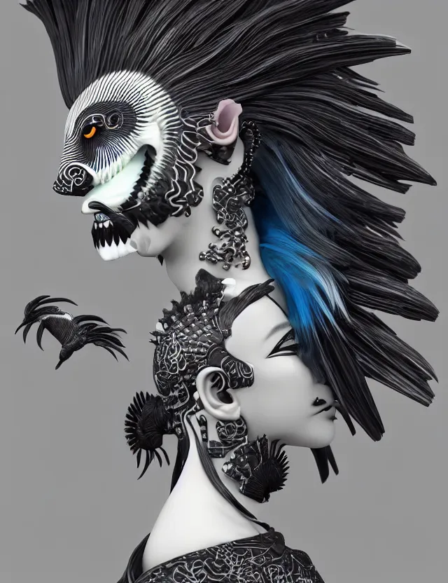 Image similar to 3 d goddess close - up profile simple portrait punk with mohawk with ram skull. beautiful intricately detailed japanese crow kitsune mask and clasical japanese kimono. betta fish, jellyfish phoenix, bio luminescent, plasma, ice, water, wind, creature, artwork by tooth wu and wlop and beeple and greg rutkowski