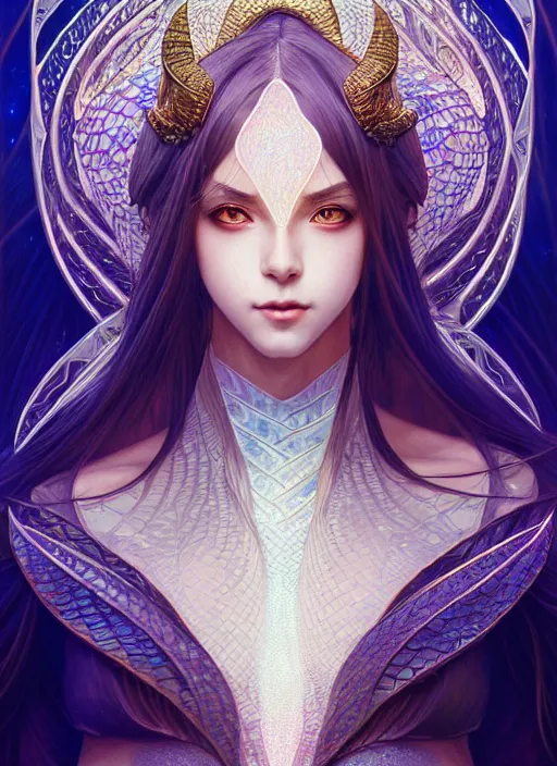 Image similar to symmetry!! portrait of a water dragon woman, very anime, fantasy, dragon scales, glowing lights!! intricate, elegant, highly detailed, digital painting, artstation, concept art, official media, smooth, sharp focus, illustration, art by sakimichan and artgerm and greg rutkowski and alphonse mucha