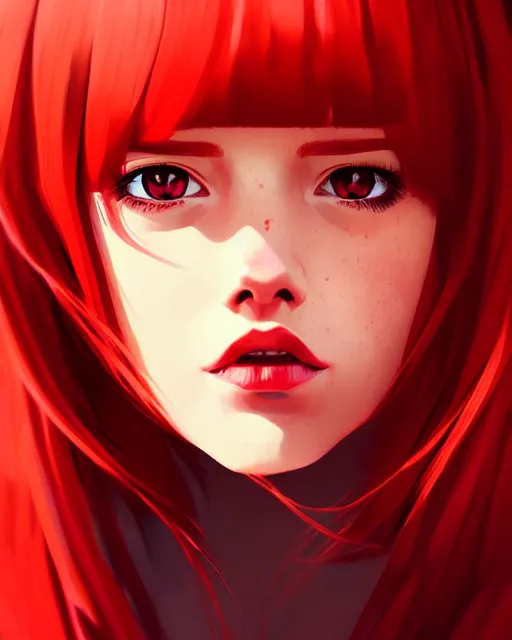 Image similar to a detailed portrait of a cute woman with red hair and freckles by ilya kuvshinov, digital art, dramatic lighting, dramatic angle