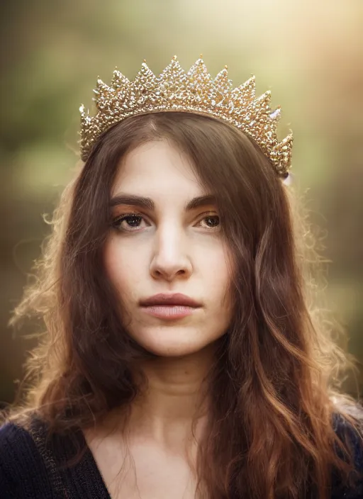 Prompt: portrait of a 2 5 year old woman with a royal crown, symmetrical face, dark wavey hair, she has the beautiful calm face of her mother, slightly smiling, ambient light in nature