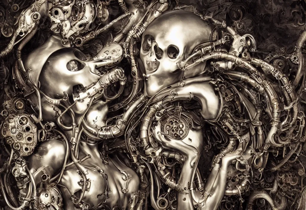 Prompt: full frame ossified metallic beautiful woman drinking from a steampunk organic skull, photo, dr. seuss, h. r. giger, full body shot, masterpiece, organic mechanical shapes, white biomechanical details, highly detailed,