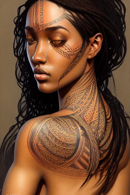 Image similar to symmetrical body portrait of beautiful nubian tribal tattooed young woman, intricate, elegant, highly detailed, digital painting, artstation, concept art, smooth, sharp focus, illustration, art by artgerm and greg rutkowski and alphonse mucha, 8 k