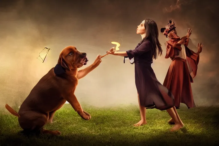 Image similar to puppy wizard casting a magic spell on an evil witch, majestic pose, dramatic lighting, cinematic scene