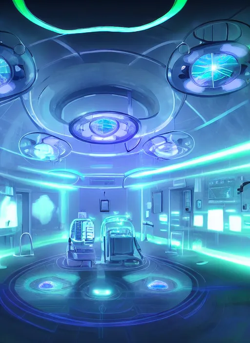 Image similar to hospital!, teams, healing, energetic, life, hybrids, scifi, healing glowing lights, vitals visualiser!!, published concept art, art in the style of everything and infinity, from wikipedia