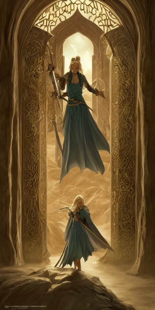 Image similar to door from lord of the rings, girls, d&D, magic the gathering, ancient, sand, emerald, intricate, highly detailed, digital painting, artstation, concept art, smooth, sharp focus, illustration, Unreal Engine 5, 8K, art by artgerm and greg rutkowski and alphonse mucha