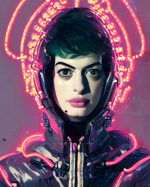 Image similar to detailed portrait Anne Hathaway Neon Operator Girl, cyberpunk futuristic neon, reflective puffy coat, decorated with traditional Japanese ornaments by Ismail inceoglu dragan bibin hans thoma greg rutkowski Alexandros Pyromallis Nekro Rene Maritte Illustrated, Perfect face, fine details, realistic shaded, fine-face, pretty face