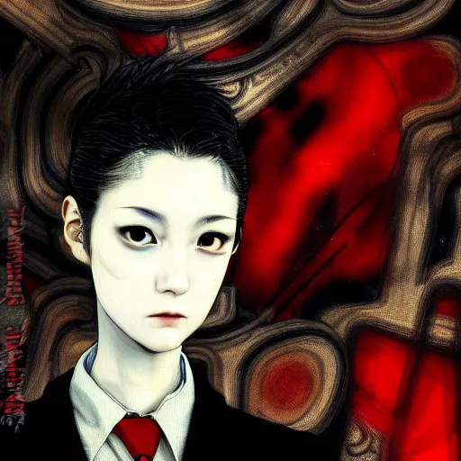 Image similar to yoshitaka amano blurred and dreamy realistic three quarter angle horror portrait of a sinister young woman with short hair, horns and red eyes wearing office suit with tie, junji ito abstract patterns in the background, satoshi kon anime, noisy film grain effect, highly detailed, renaissance oil painting, weird portrait angle, blurred lost edges