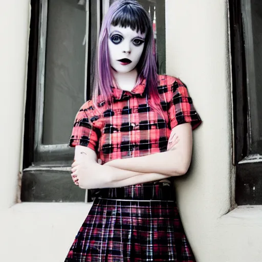 Prompt: female jade weber model teenage goth photography plaid mini skirt band shirt beautiful face, dramatic light darkroom