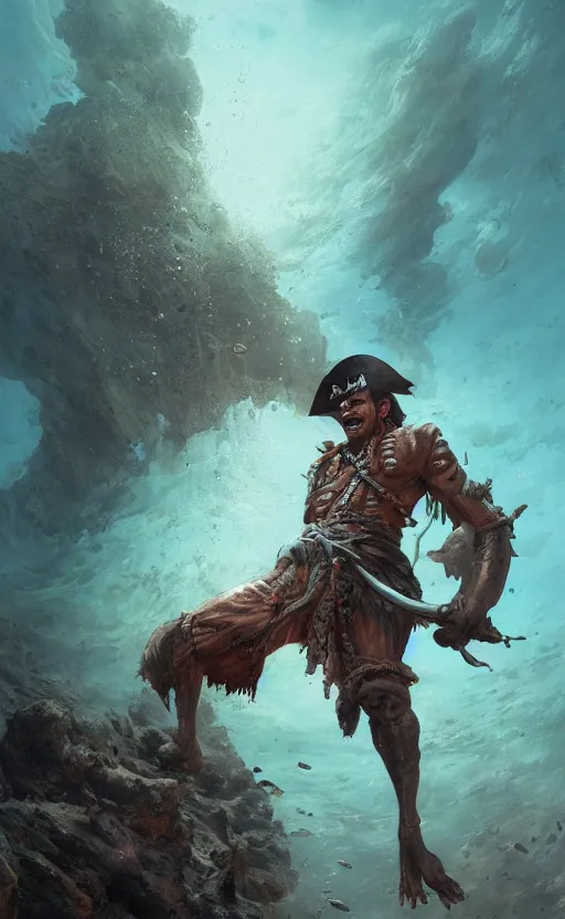 Prompt: full body of pirate finding an ancient trasure underwater, symmetrical face features, front game card, drark, marvel comics, dark, intricate, highly detailed, smooth, artstation, digital illustration by ruan jia and mandy jurgens and artgerm and wayne barlowe and greg rutkowski and zdislav beksinski