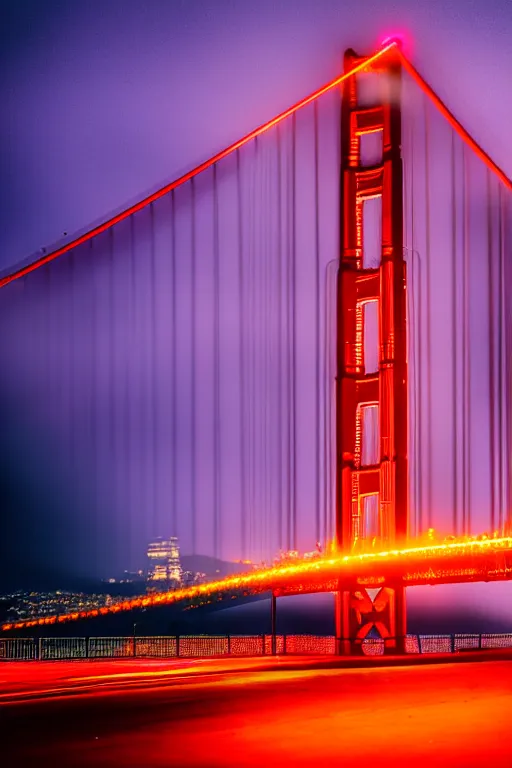 Image similar to neon streets of san francisco golden gate bridge, 4 k, award winning photo, cyberpunk style