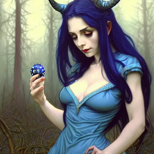 Image similar to wide angle, necromancer tiefling, blue dress, 2 jeweled horns, focused, forest, female, d & d, fantasy, intricate, elegant, highly detailed, long black hair, digital painting, artstation, octane render, concept art, matte, sharp focus, illustration, hearthstone, art by artgerm, alphonse mucha johannes voss