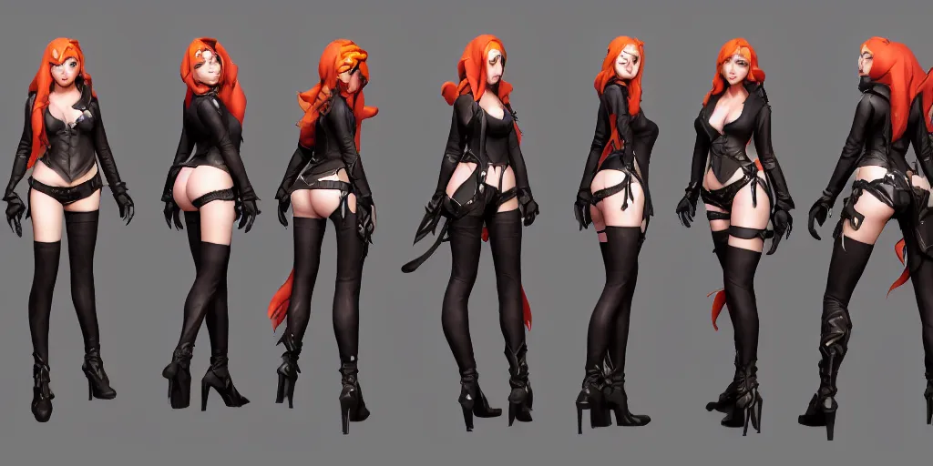 Prompt: Character sheet of coven miss fortune (League of Legends). 3d render, octane render, game art, realistic, highly detailed, trending on artstation, 4k, trending on artstation, pixar, cgsociety, unreal engine 5, redshift render, trending on artstation, blender, behance, cg