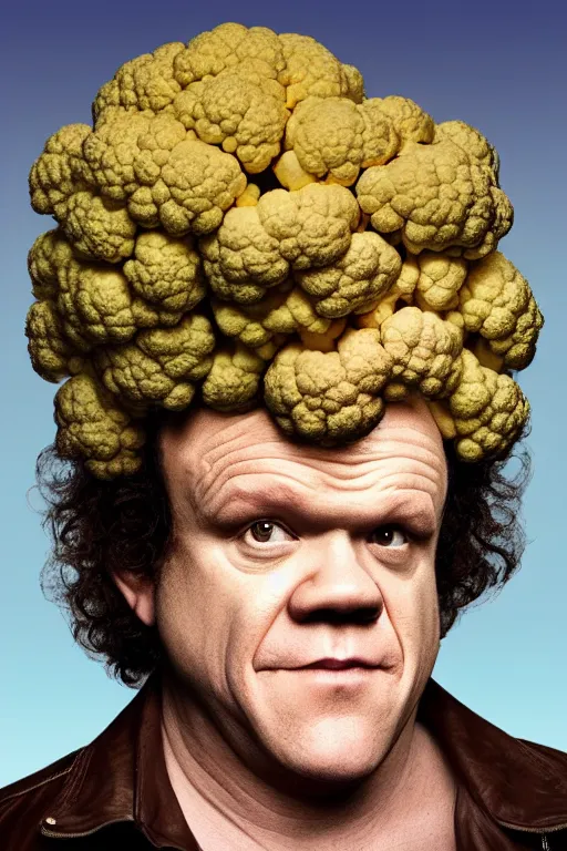 Prompt: john c. reilly's head wearing a wig made of cauliflower